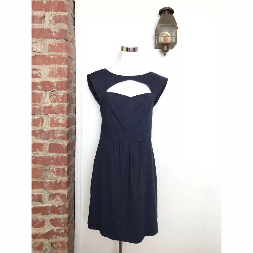 Rebecca Taylor Linen Blend Sheath Dress Navy Peekaboo Neckline Cutout Size 10